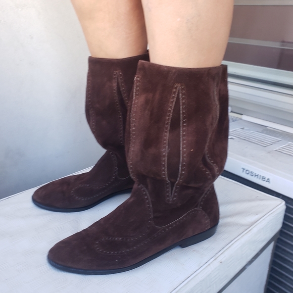 Vtg 80s brown Suede boho westernboots mid calf barrel shaft boots 9
